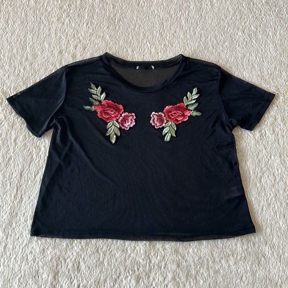 Black mesh rose embroidered shirt size small - Picture 4 of 16